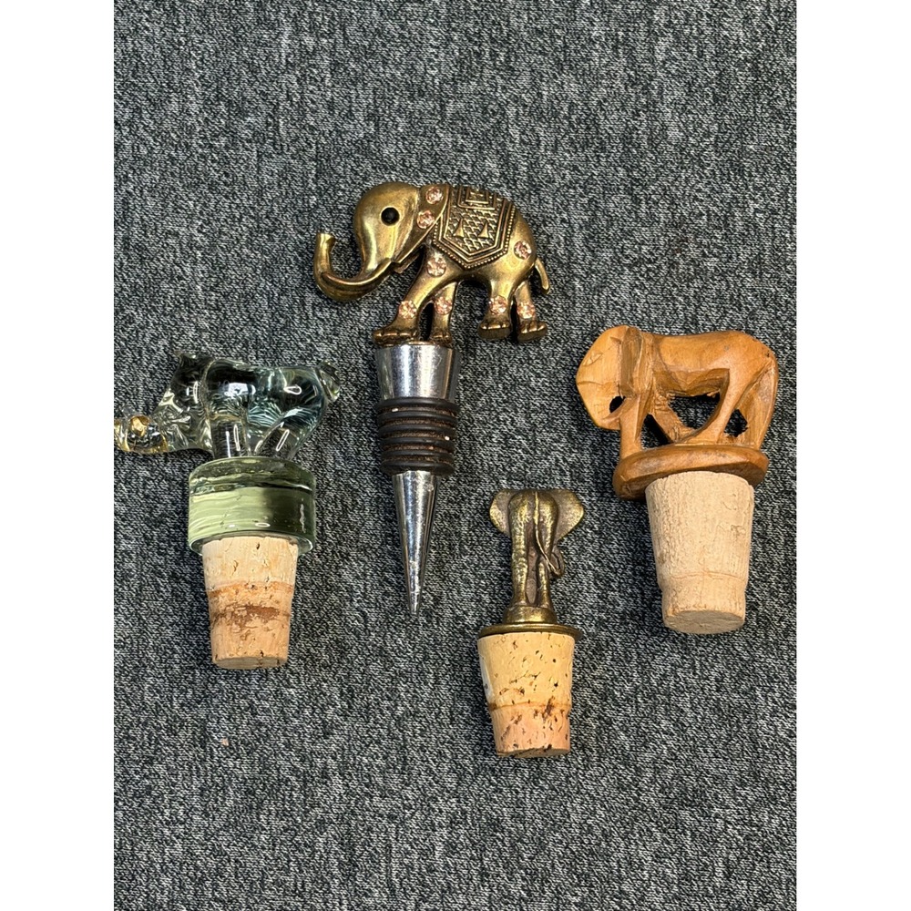 Lot of 4 Wine Bottle Stoppers Wood Glass Brass Jeweled Barware African Elephant‎